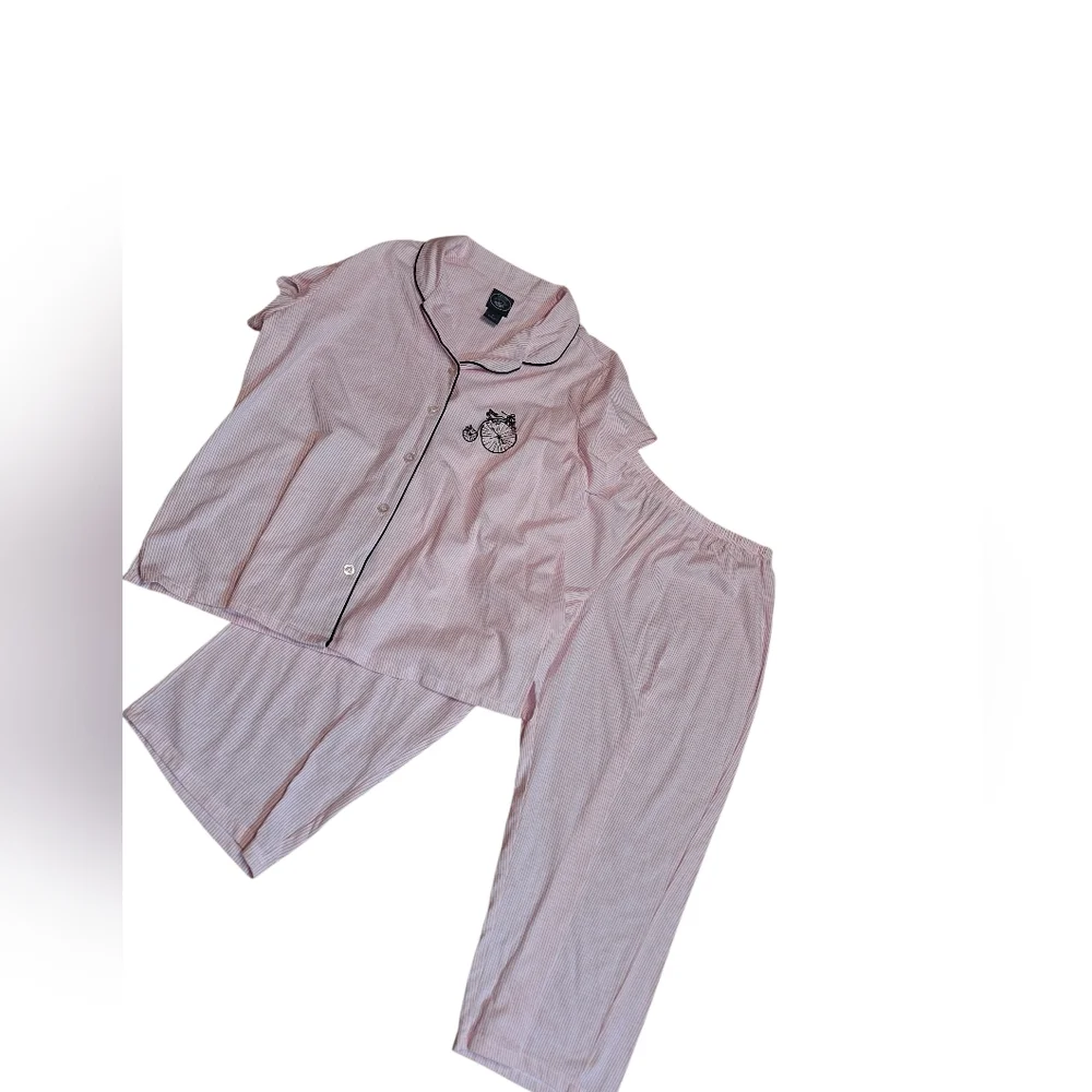 Laura Ashley Pink Striped Pajama Set Ladies Large Tricycle  Embroidery Capri
